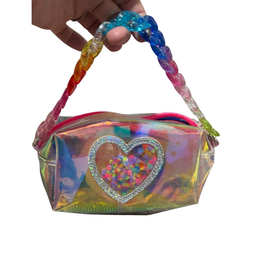 Kids iridescent rainbow chain link strap top zip purse w/glitter heart euc